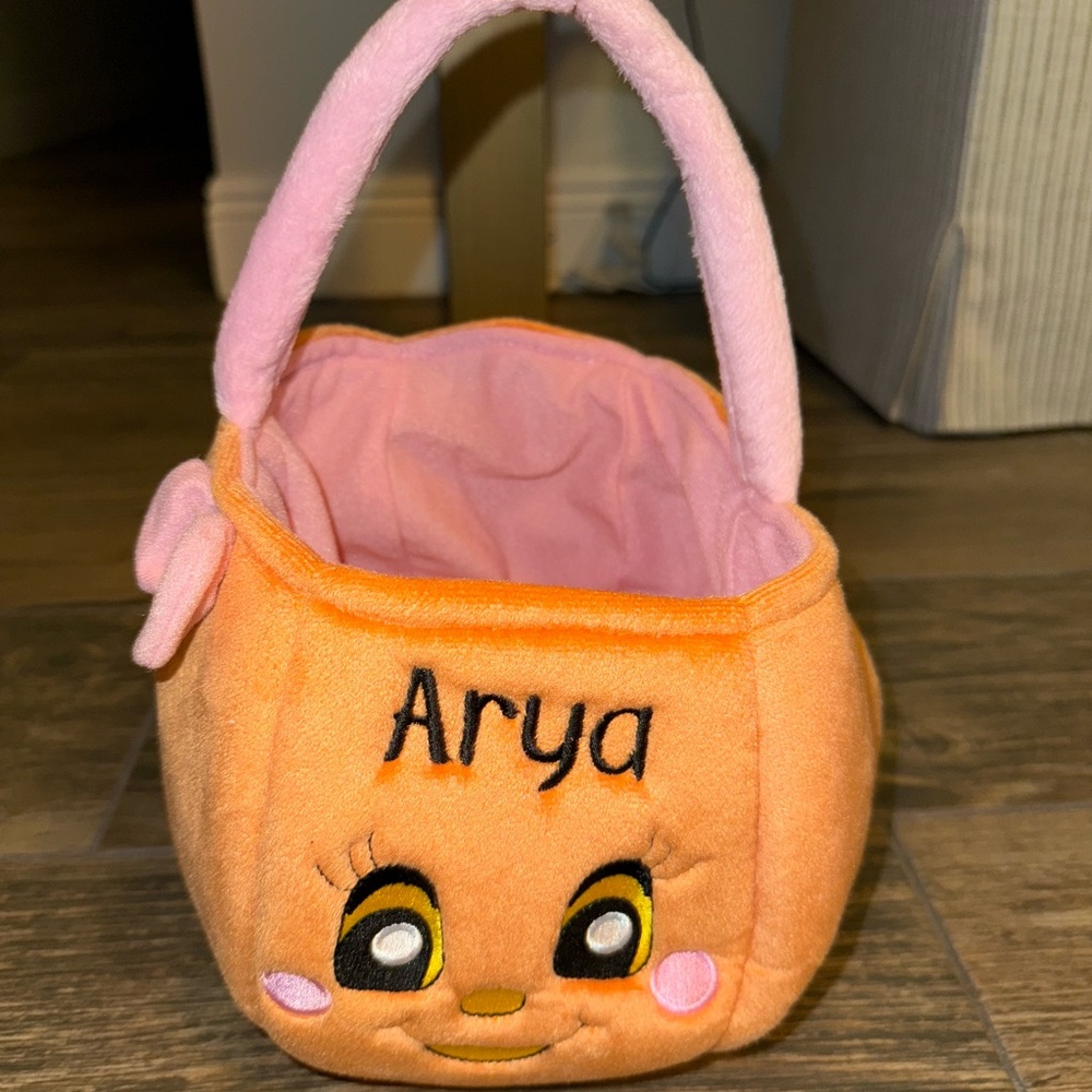 Orange Plush Basket with Pink Handle